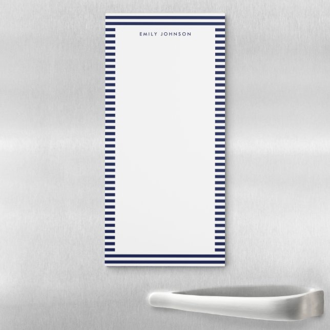 Minimalist Navy Blue Stripes Monogram Magnetic Notepad (In Situ)