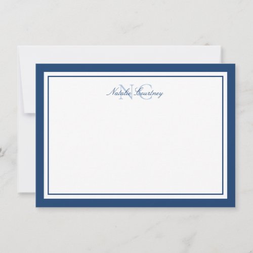 Minimalist Navy Blue Two Border Monogram 45x625 Note Card