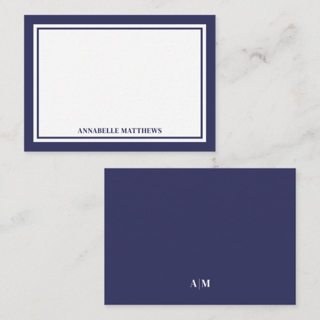Minimalist Navy Blue Two Border Monogram Note Card (Front/Back)