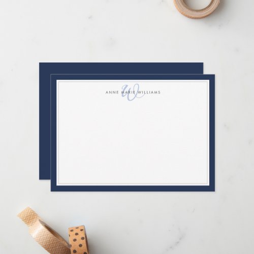 Minimalist Navy Blue Two Border Monogram Note Card