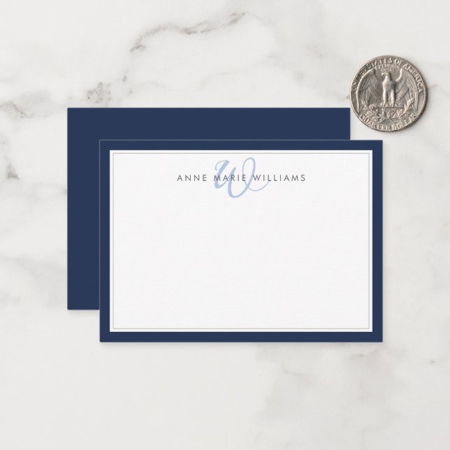 Minimalist Navy Blue Two Border Monogram Note Card (Front/Back In Situ)