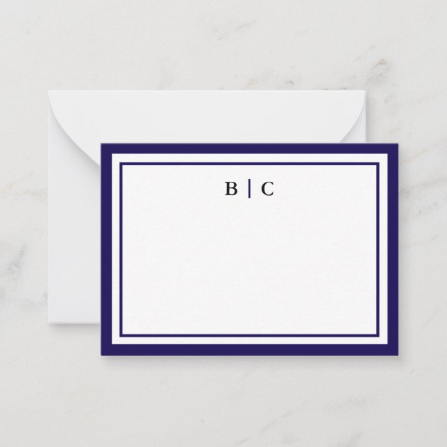 Minimalist Navy Blue Two Border Monogram Note Card (Front)
