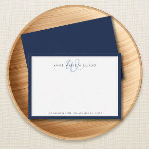Minimalist Navy Blue Two Border Monogram Note Card