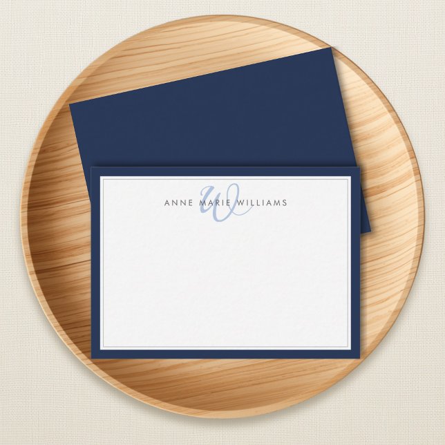 Minimalist Navy Blue Two Border Monogram Note Card (Creator Uploaded)