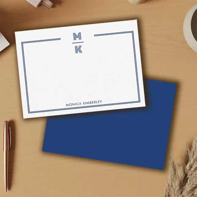 Minimalist Navy Blue Two Border Monogram Note Card | Zazzle