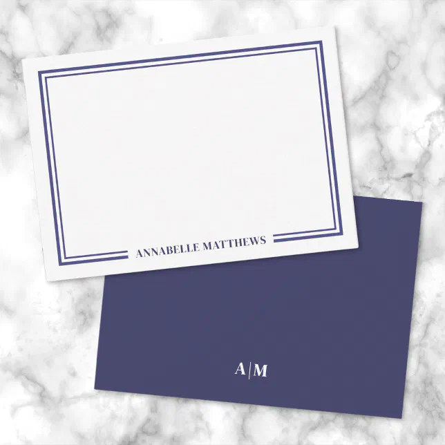 Minimalist Navy Blue Two Border Monogram Note Card | Zazzle