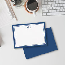 Minimalist Navy Blue Two Border Monogram Note Card