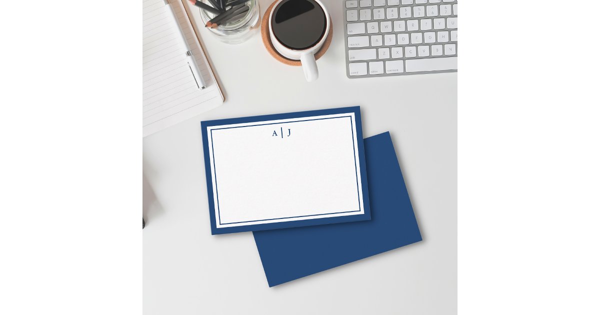 Minimalist Navy Blue Two Border Monogram Note Card | Zazzle