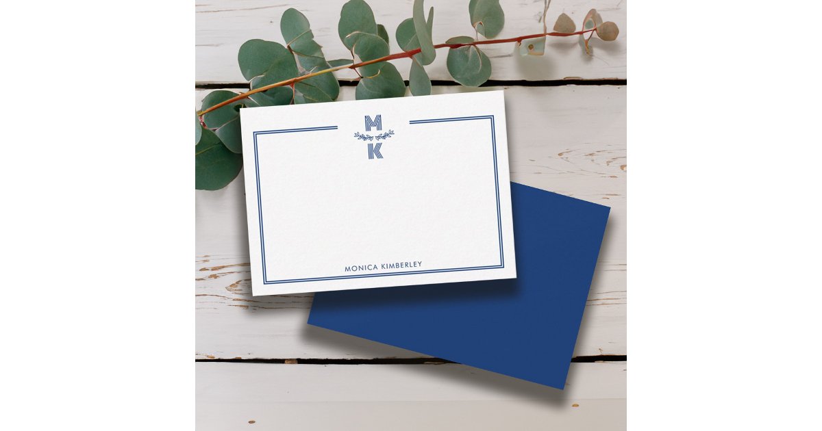 Minimalist Navy Blue Two Border Monogram Note Card | Zazzle