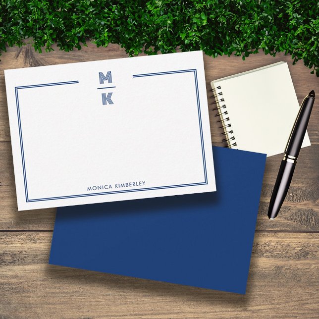 Minimalist Navy Blue Two Border Monogram Note Card (Minimalist Navy Blue Two Border Monogram Note Card)