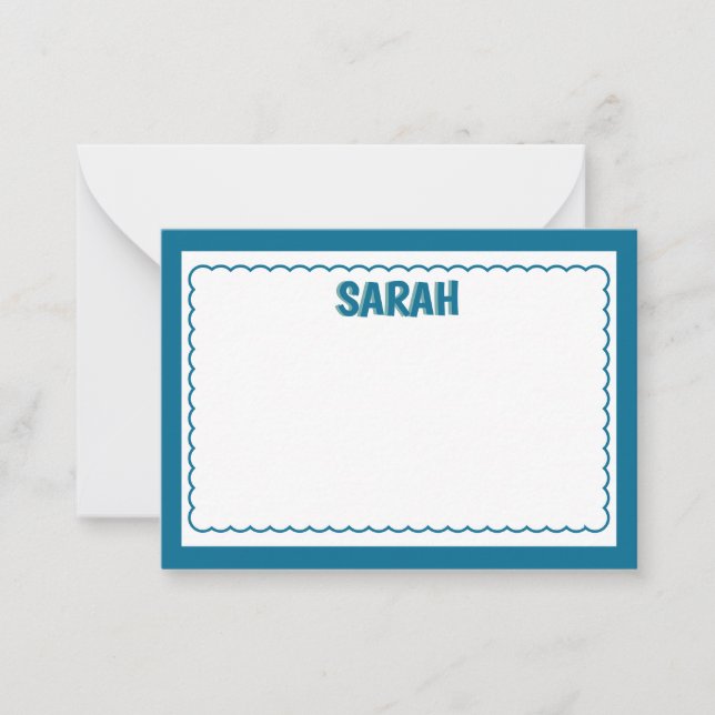 Minimalist Navy Blue Two Border Monogram, scallop  Note Card (Front)