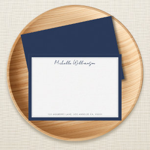 Minimalist Navy Blue Two Border Script Name Note Card
