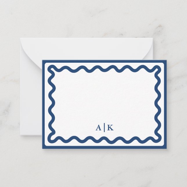 Minimalist Navy Blue Wavy Border Monogram Note Card (Front)