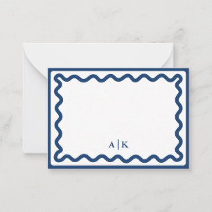 Minimalist Navy Blue Wavy Border Monogram Note Card
