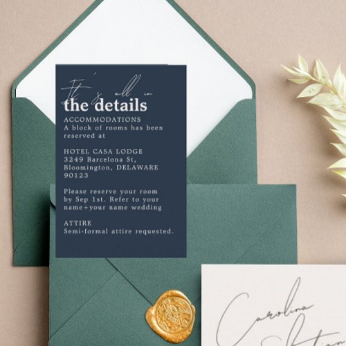 Minimalist Navy Blue Wedding Details  Enclosure Card