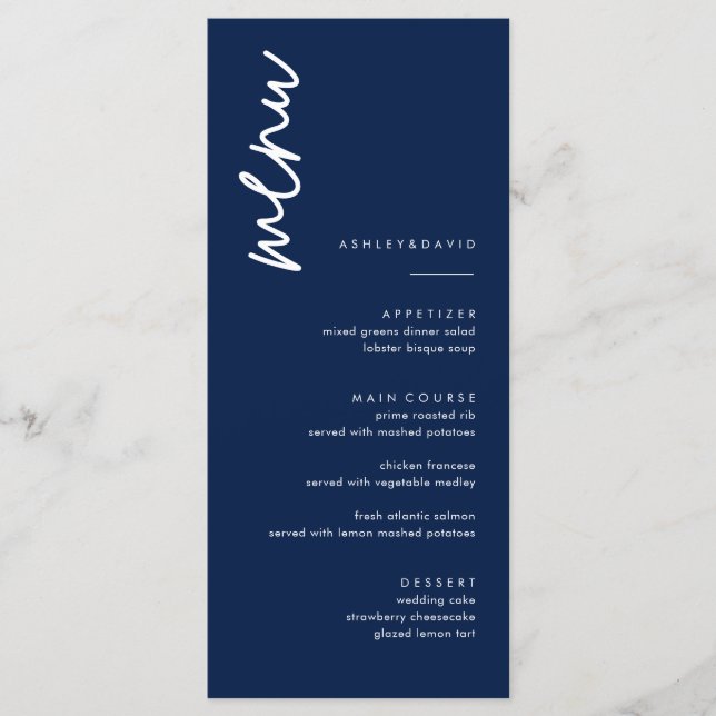 Minimalist Navy Blue Wedding Menu Cards (Front)