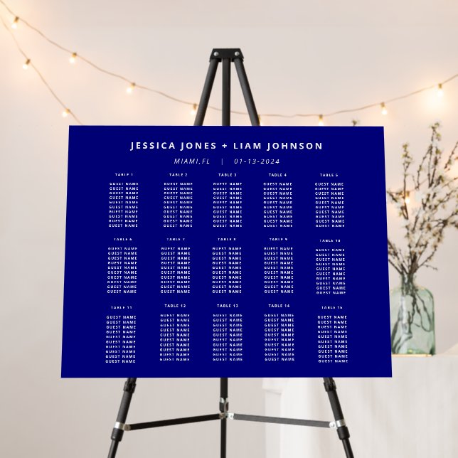 Minimalist Navy Blue Wedding Seating Chart Sign (In Situ (Stand))