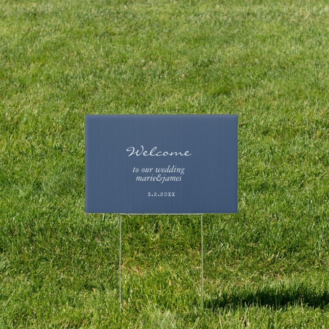 Minimalist Navy Blue Wedding Welcome Yard Sign (Insitu)