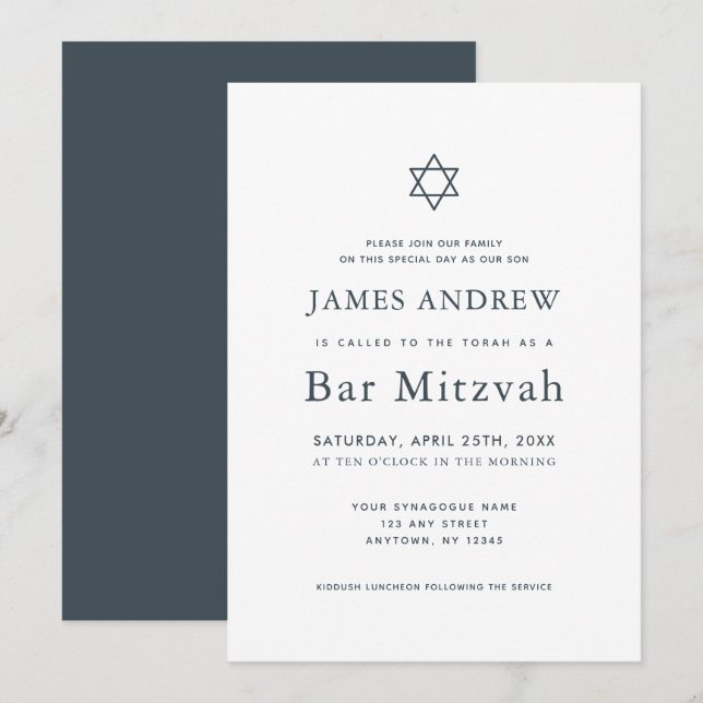 Minimalist Navy Blue & White Bar Mitzvah Invitation (Front/Back)