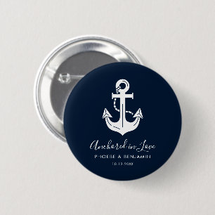 Minimalist Navy Blue & White Custom Name Anchor Button
