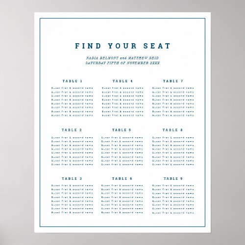 Minimalist navy blue white event seating chart