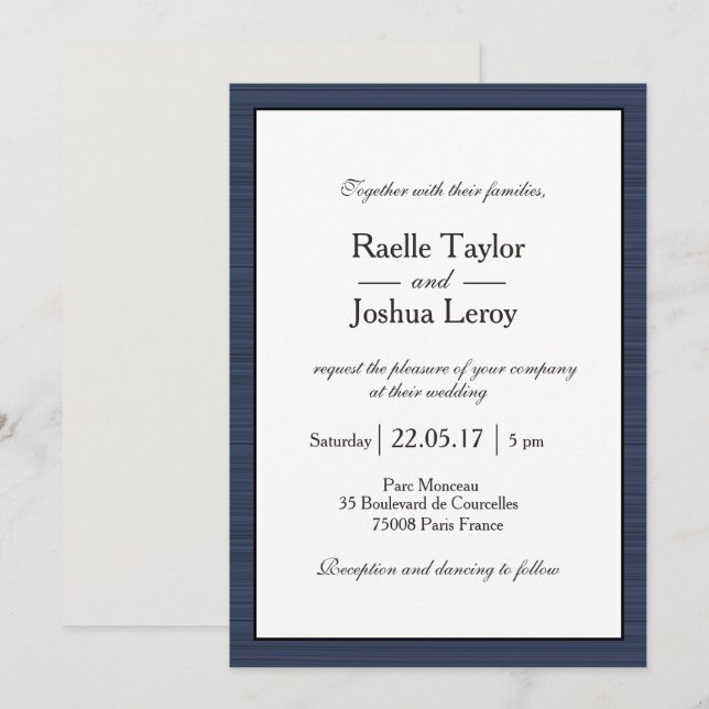 Minimalist Navy Blue White Gray Stripes Wedding Invitation (Front/Back)