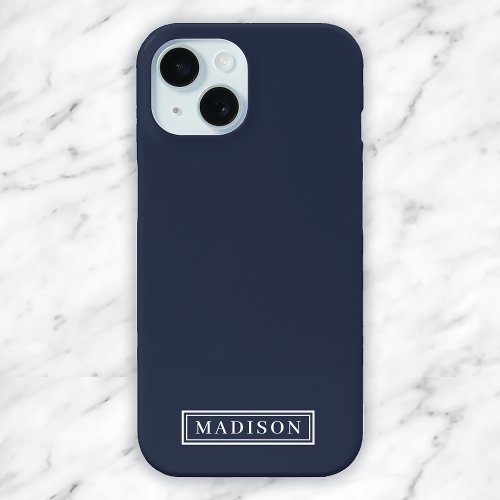 Minimalist Navy Blue White Personalized Name iPhone 15 Case