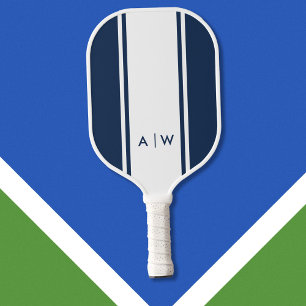 Minimalist Navy Blue White Stripe Modern Monogram Pickleball Paddle