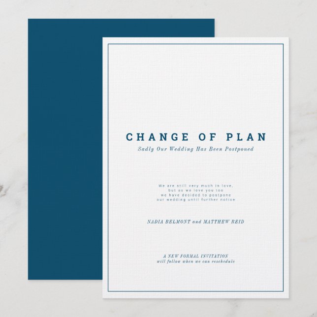 Minimalist navy blue white text postponed wedding invitation (Front/Back)