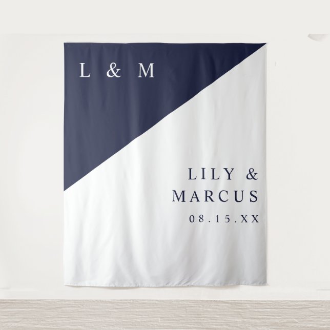 Minimalist Navy Blue White Wedding Photo Backdrop (Front)