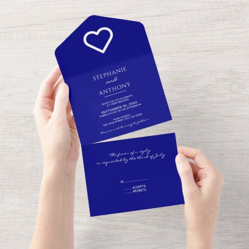Minimalist Navy Blue with Heart Modern Wedding  All In One Invitation