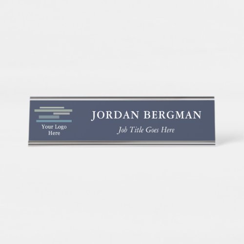 Minimalist Navy Blue Your Logo Name Title Desk Name Plate