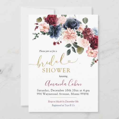 Minimalist Navy Burgundy Floral Bridal Shower Invitation