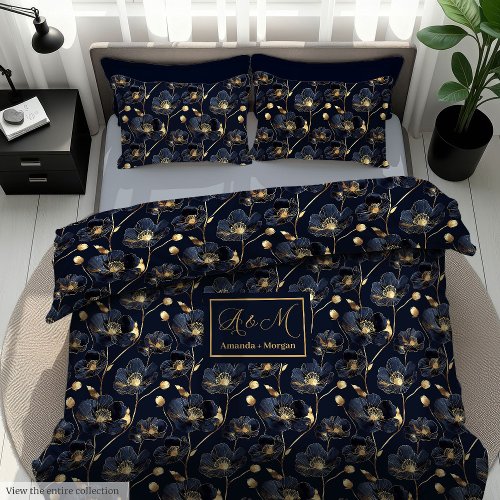 Minimalist Navy Duvet Gold Flowers Custom Gift