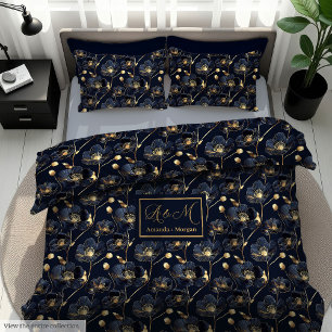 Minimalist Navy Duvet Gold Flowers Custom Gift Cover