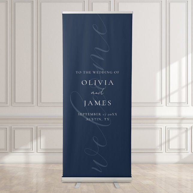 Minimalist Navy Elegant Script Wedding Welcome Retractable Banner (Creator Uploaded)