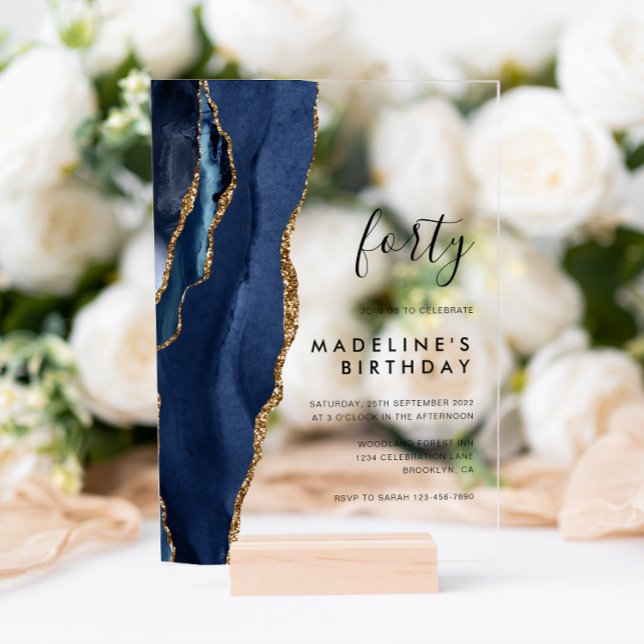 Minimalist Navy Gold Agate Geode 40th Birthday Acrylic Invitations (Creator Uploaded)