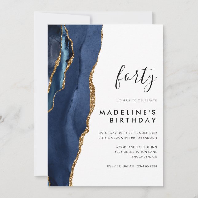 Minimalist Navy Gold Agate Geode 40th Birthday Invitation (Front)