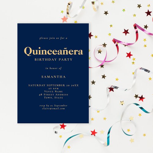 Minimalist Navy Gold Quinceaera Birthday Invitation