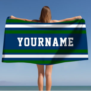 Minimalist Navy & Green Stripes Custom Beach Towel