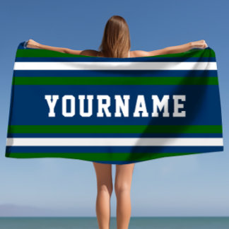 Minimalist Navy & Green Stripes Custom Beach Towel