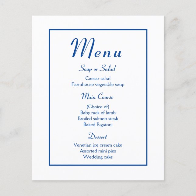 Minimalist Navy  Menu Elegant Modern Wedding Party (Front)