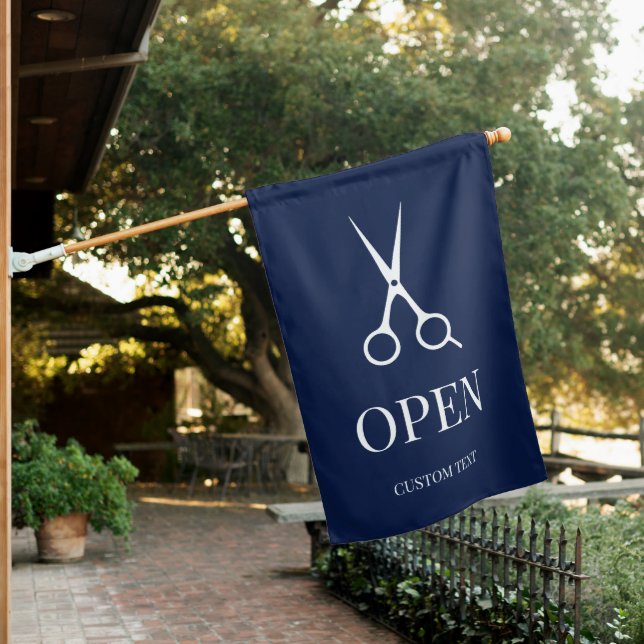 Minimalist Navy Open Hair Saloon Scissors House Flag (In SItu)