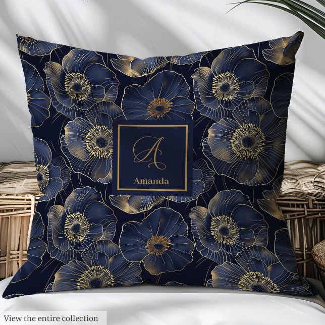 Minimalist Navy Pillow Gold Flowers Monogram Art (Minimalist Navy Pillow Gold Flowers Monogram Art)