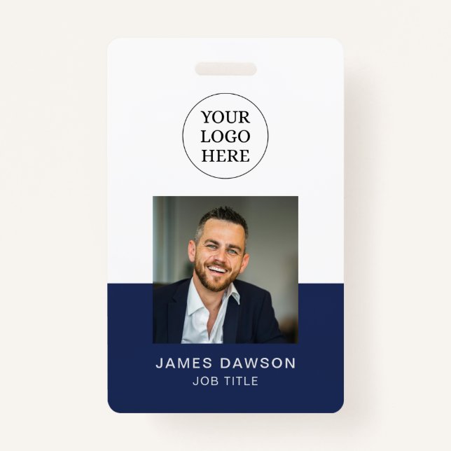 Minimalist Navy Professional Employee Photo QR ID Badge (Front)