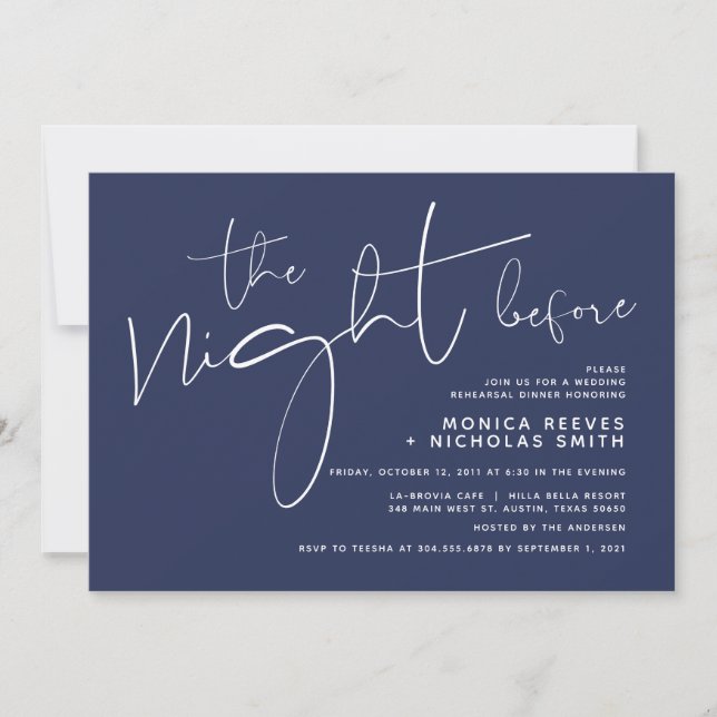 Minimalist Navy Script Wedding Rehearsal Dinner Invitation (Front)