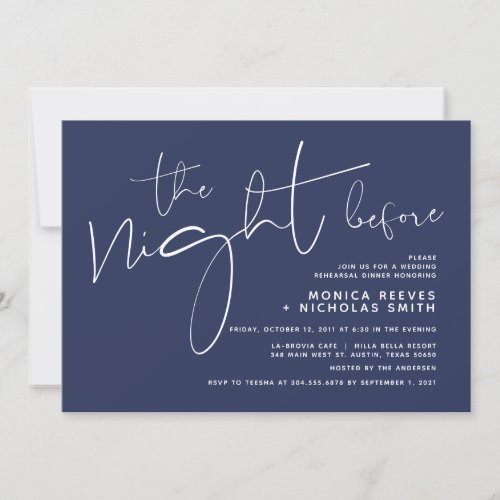 Minimalist Navy Script Wedding Rehearsal Dinner Invitation