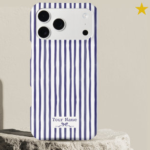 Minimalist Navy Striped Watercolor Custom Name Bow iPhone 17 Pro Max Case