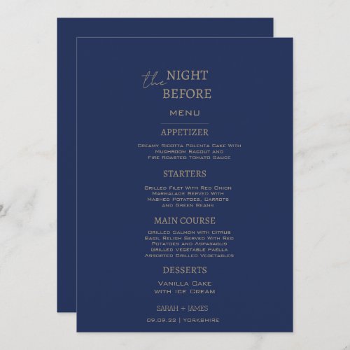 Minimalist Navy the Night Before Wedding  Menu