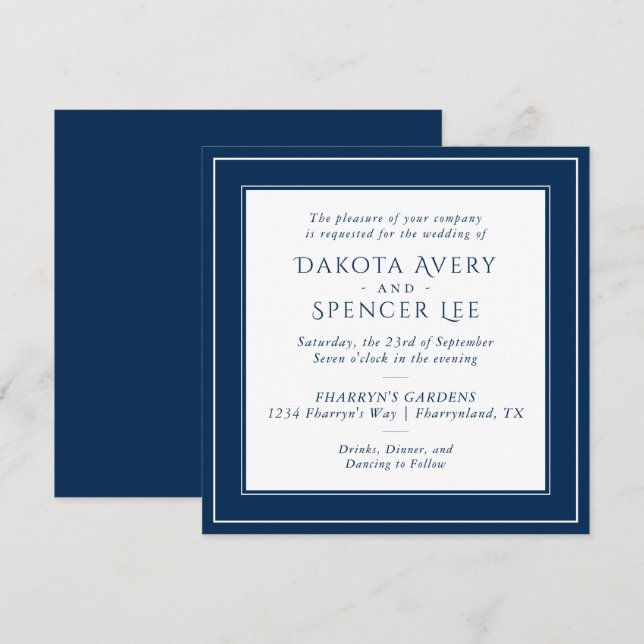 Minimalist Navy Wedding | Simple Elegant White Invitation (Front/Back)